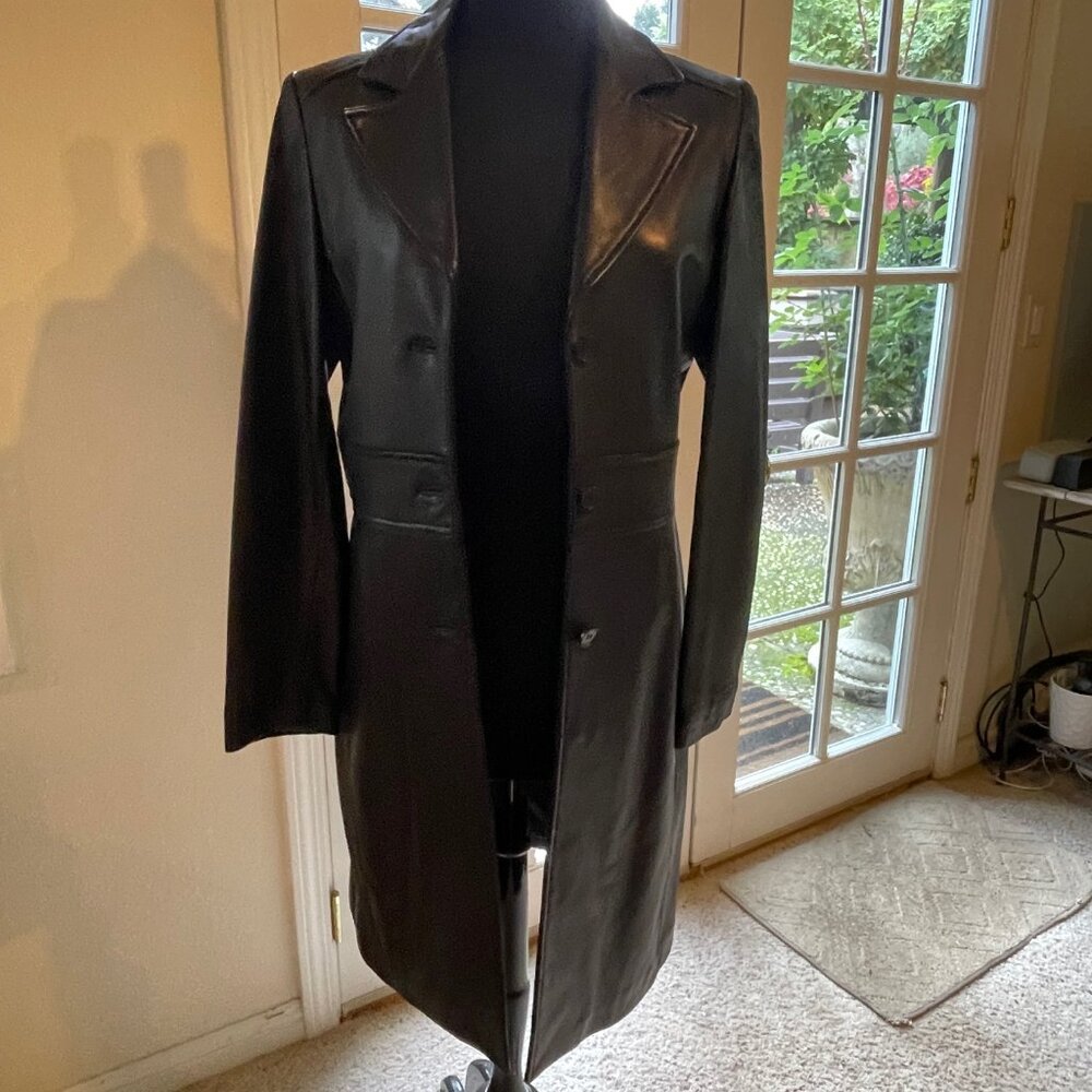 Women's Andrew Marc NY Black Lambskin Long Leather 3 Button Car Coat Size S